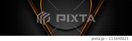 Black perforated banner with orange glowing triangles and circle 113840821