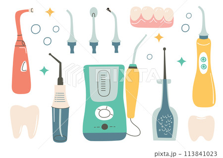 Oral irrigators set, cartoon water jet collection, icons of portable water flossers for teeth cleaning, vector illustration of dental hygiene, mouth health care, orthodontic device for flossing braces 113841023