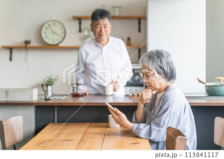 家でスマートフォン・スマホのアプリを使う高齢者女性と男性(困る・悩む・詐欺・トラブル) 家でスマートフォン・スマホのアプリを使う高齢者女性と男性(困る・悩む・詐欺・トラブル) 113841117