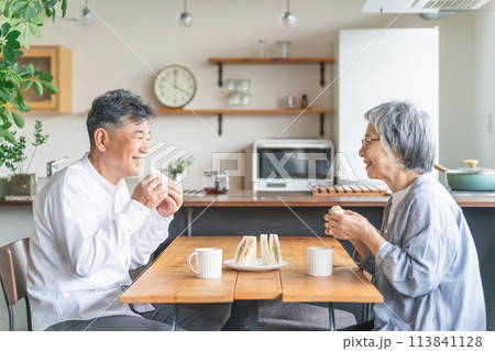 家で朝食・昼食をとるシニア・高齢者の夫婦 113841128