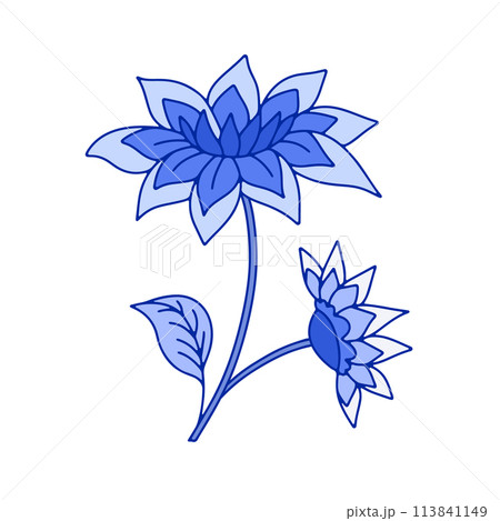 Monochrome blue floral chinoiserie style flower isolated on white background 113841149