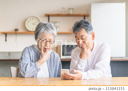 スマホ・スマートフォンのアプリを使うアジア人高齢者夫婦(困る・わからない・難しい・不安) スマホ・スマートフォンのアプリを使うアジア人高齢者夫婦(困る・わからない・難しい・不安) 113841151