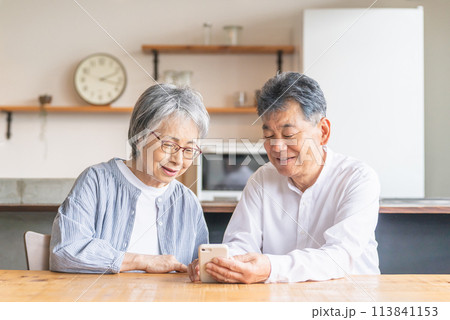 スマホ・スマートフォンのアプリを使うアジア人高齢者夫婦（笑顔・楽しい） 113841153