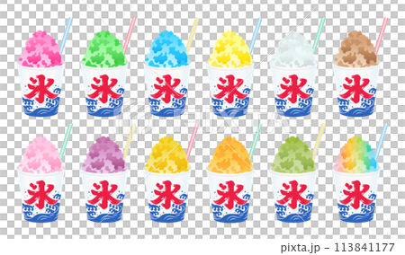 Illustration set of shaved ice in cups with different flavors 113841177