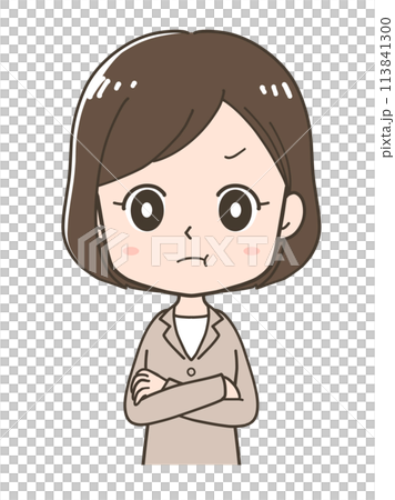 ムッとするビジネスウーマンの上半身イラスト ムッとするビジネスウーマンの上半身イラスト 113841300