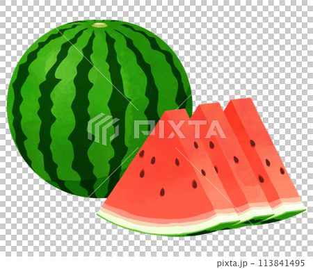 A whole watermelon and three slices of red watermelon 113841495