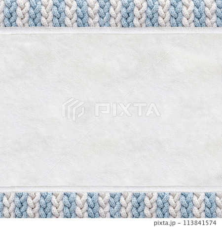 Horizontal or vertical backdrop with suede texture and wool border with pigtailed ornament. Christmas background with suede leather and plaited frame of light blue and white color. Copy space for text 113841574