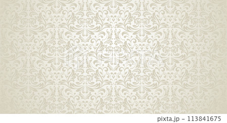 Wallpaper in the style of Baroque. Seamless vector background. Beige and silver floral ornament. Graphic pattern for fabric, wallpaper, packaging. Ornate Damask flower ornament 113841675