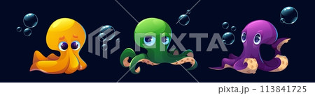 Octopus characters set isolated on black Octopus characters set isolated on black 113841725