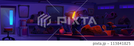 Archaeologist lab room and fossil on desk at night 113841825
