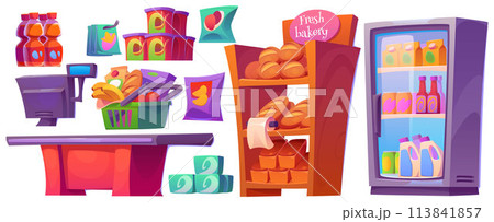 Supermarket interior design elements set 113841857