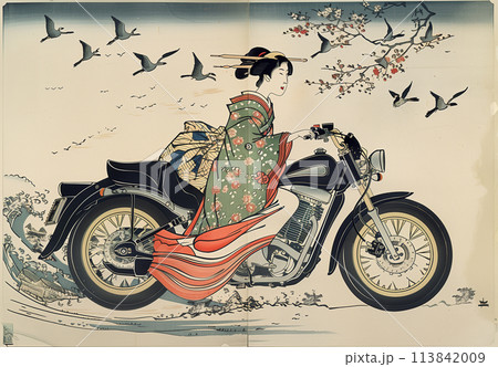浮世絵バイクに乗る女性のイラスト素材 [113842009] - PIXTA