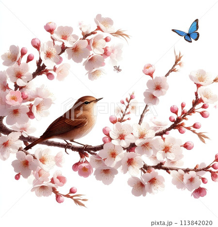 Isolation on a white background, on a pure white background. close-up of a branch of a blossoming apple tree and a small bird. A gentle butterfly flutters. Sunny day. Generative AI. 113842020