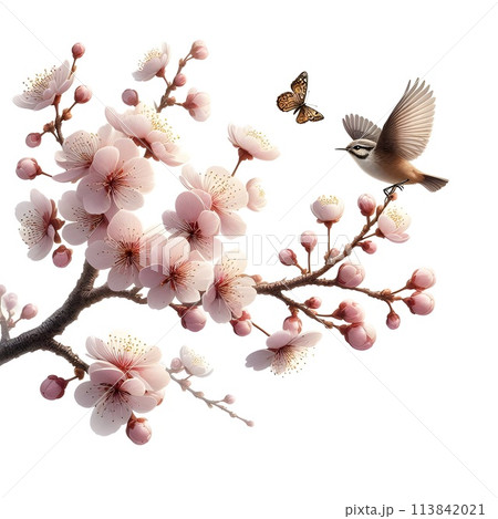 Isolation on a white background, on a pure white background. close-up of a branch of a blossoming apple tree and a small bird. A gentle butterfly flutters. Sunny day. Generative AI. 113842021