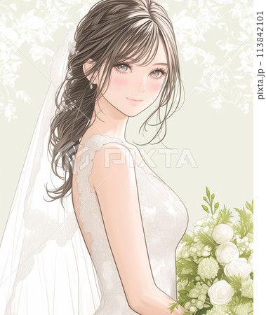 少女漫画風イラストウェディングドレスを着た花嫁 113842101