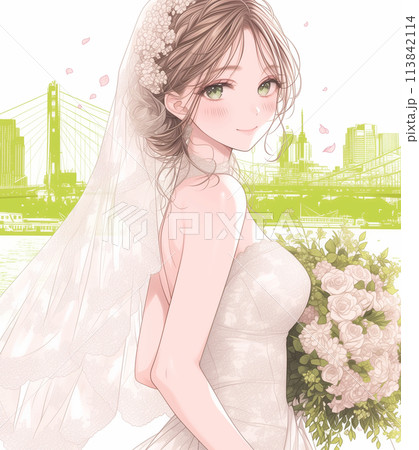 少女漫画風イラストウェディングドレスを着た花嫁 113842114