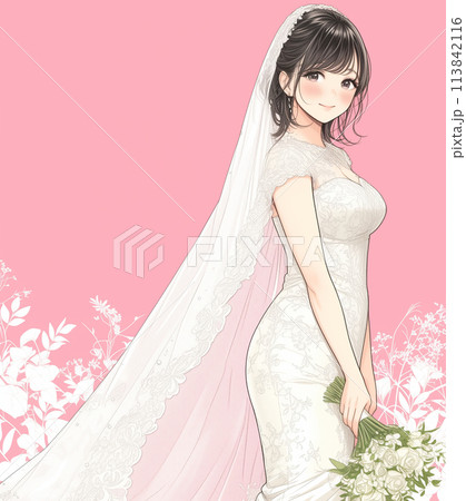 少女漫画風イラストウェディングドレスを着た花嫁 113842116