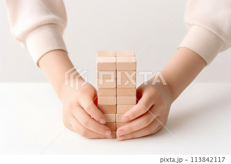 AI generated Little kid playing wooden toys isolated on white background. 113842117