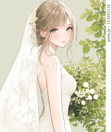 少女漫画風イラストウェディングドレスを着た花嫁 113842118