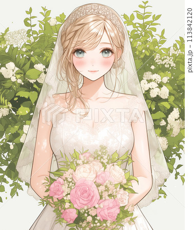 少女漫画風イラストウェディングドレスを着た花嫁 113842120