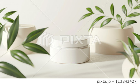 Cosmetic cream mockup. Blank packaging. Natural promotional commercial photo. 113842427