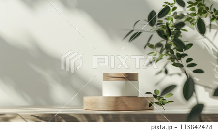 Cosmetic cream mockup. Blank packaging. Natural promotional commercial photo. 113842428