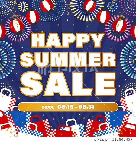 夏セール向け広告テンプレート／打ち上げ花火と買い物袋、ちょうちんの背景（正方形）　 113843457