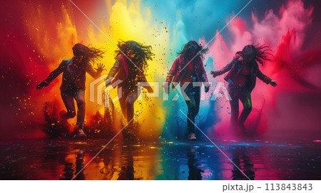 women in multicolored powder holi festival 113843843