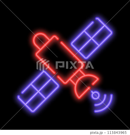 Glowing telecommunications orbital satellite sends signal to receiving device. Navigation spacecraft for transmitting. Night advertising sign element. Glowing neon icon isolated on black background 113843965