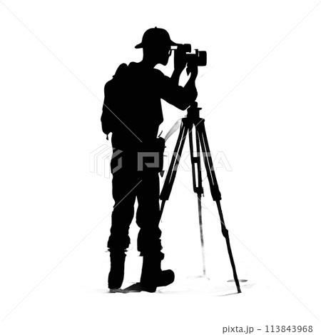 Black silhouette of a photographer and mountains on white background. 113843968