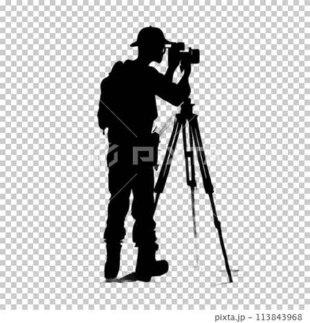 Black silhouette of a photographer and mountains on white background. 113843968