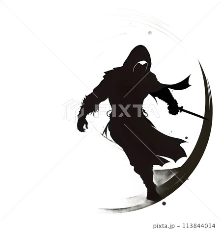 Black silhouette of samurai in a circle on white background. Black silhouette of samurai in a circle on white background. 113844014