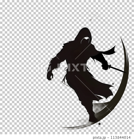 Black silhouette of samurai in a circle on white background. Black silhouette of samurai in a circle on white background. 113844014