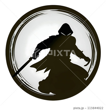 Black silhouette of samurai in a circle on white background. 113844022