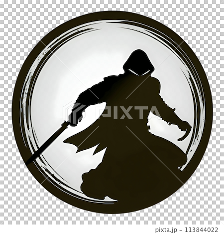 Black silhouette of samurai in a circle on white background. 113844022