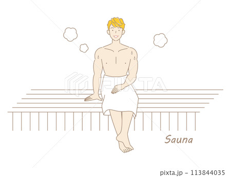 サウナ室でサウナを楽しんでいるサウナ好きの爽やかな男性 ととのう サウナ男子 シンプル イラスト サウナ室でサウナを楽しんでいるサウナ好きの爽やかな男性 ととのう サウナ男子 シンプル イラスト 113844035