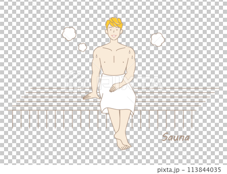一個喜歡桑拿的清爽男人在桑拿房享受桑拿 Toto 桑拿男孩簡單插圖 113844035