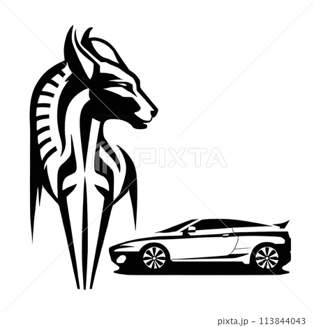 Black silhouette of horse and car on white background. Logo Black silhouette of horse and car on white background. Logo 113844043