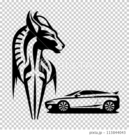 Black silhouette of horse and car on white background. Logo Black silhouette of horse and car on white background. Logo 113844043