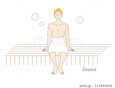 サウナ室でサウナを楽しんでいるサウナ好きの爽やかな男性 ととのう サウナ男子 シンプル イラスト サウナ室でサウナを楽しんでいるサウナ好きの爽やかな男性 ととのう サウナ男子 シンプル イラスト 113844056