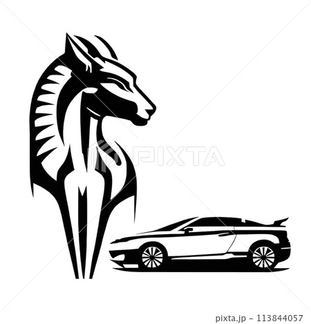 Black silhouette of horse and car on white background. Logo Black silhouette of horse and car on white background. Logo 113844057