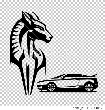 Black silhouette of horse and car on white background. Logo Black silhouette of horse and car on white background. Logo 113844057