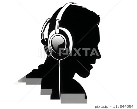 Black silhouette of a man wearing headphones on white background. Black silhouette of a man wearing headphones on white background. 113844094