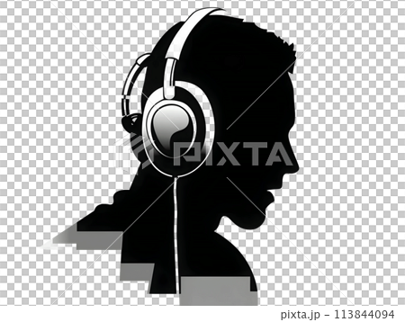 Black silhouette of a man wearing headphones on white background. Black silhouette of a man wearing headphones on white background. 113844094