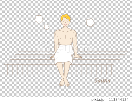 A refreshing man who likes saunas enjoying sauna in a sauna room. Totono sauna boy simple illustration 113844124