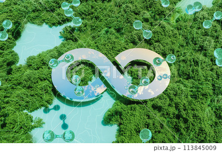 Infinity symbol with hydrogen H2 molecules on green forest background. Sustainable energy concept. 3d rendering. 113845009
