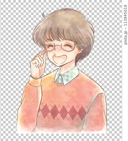 90s manga-style illustration of a geeky boy laughing with love 90s manga-style illustration of a geeky boy laughing with love 113845018