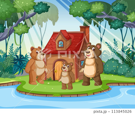Happy Bear Family Outside Home 113845026