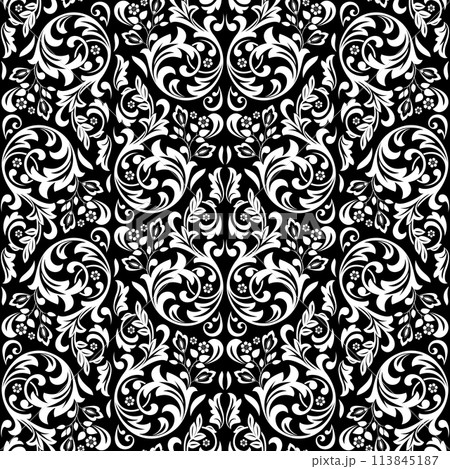 Wallpaper in the style of Baroque. Seamless vector background. White and black floral ornament. Graphic pattern for fabric, wallpaper, packaging. Ornate Damask flower ornament. Wallpaper in the style of Baroque. Seamless vector background. White and black floral ornament. Graphic pattern for fabric, wallpaper, packaging. Ornate Damask flower ornament. 113845187
