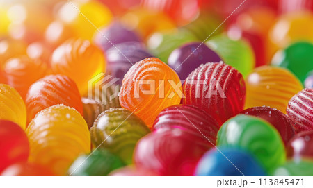 Closeup of the pile of colorful sweet bonbons. Sweet bright background with assorted colorful candies 113845471